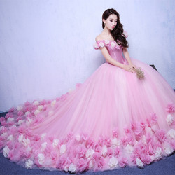Pink Off the Shoulder Court train Bridal Wedding Dress with Flowers